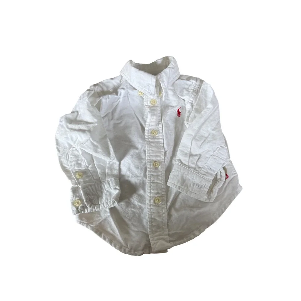 Ralph Lauren Baby Boy White Cotton Oxford Button Down Shirt Red Pony 9M
